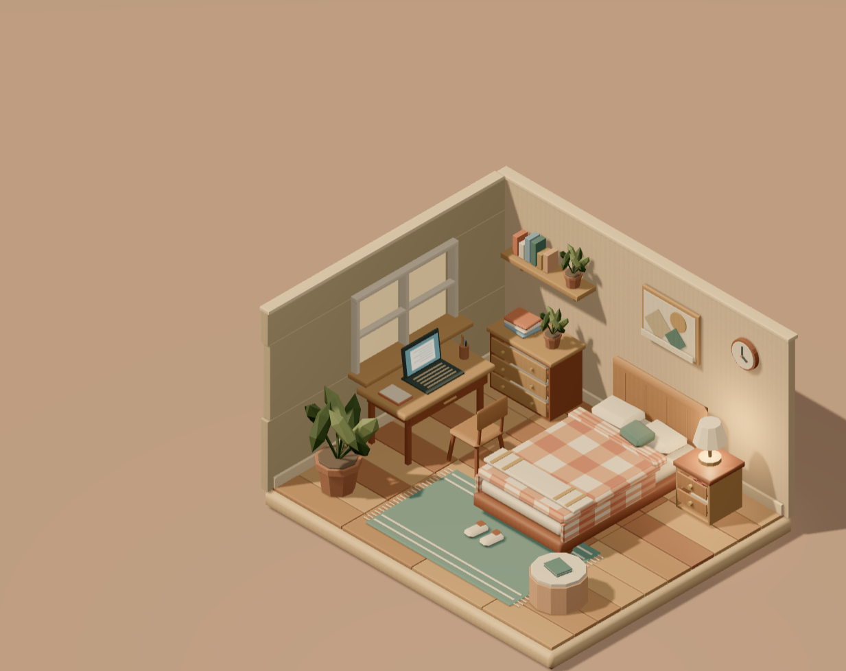 Warm isometric bedroom with gingham bedding, a writing desk, plants, and a teal rug