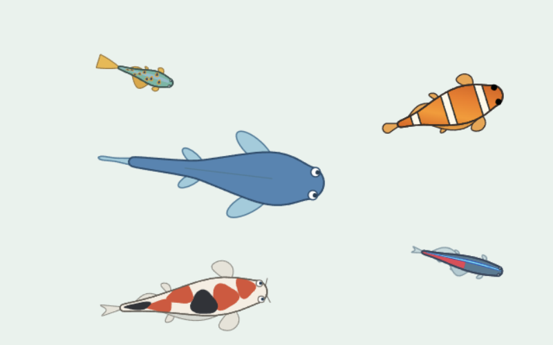 Colorful procedural fish swimming in a pale green pond