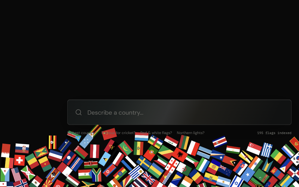 Colorful country flags piled beneath a search box on a dark canvas